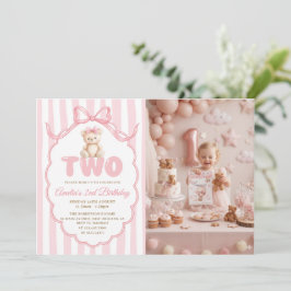 Invitación Teddy Bear Girls Pink Bow Stripes 2nd Birthday 