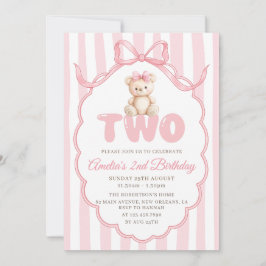 Invitación Teddy Bear Girls Pink Bow Stripes 2nd Birthday