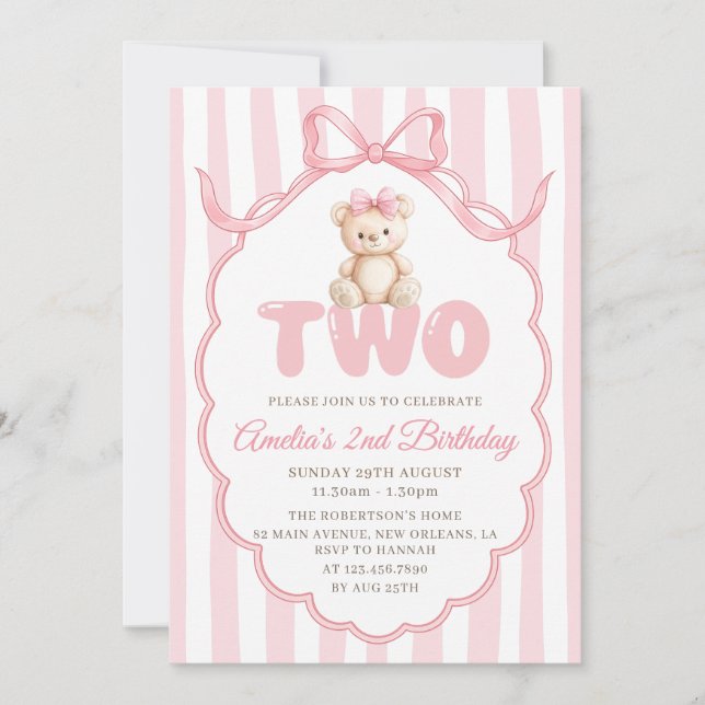 Invitación Teddy Bear Girls Pink Bow Stripes 2nd Birthday (Anverso)