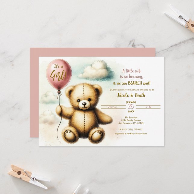 Invitación Teddy Bear Globo Rosa Bearly Wait Baby Shower (Anverso/Reverso In Situ)