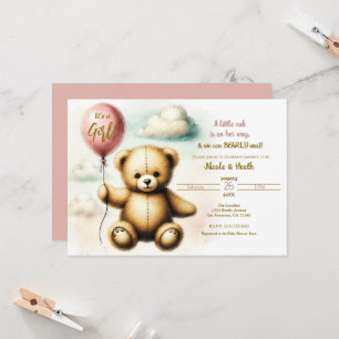 Invitación Teddy Bear Globo Rosa Bearly Wait Baby Shower