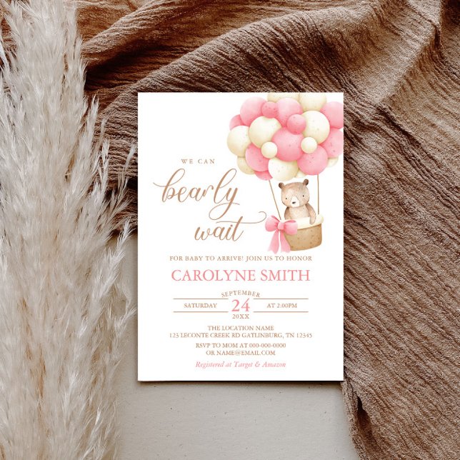 Invitación Teddy Bear Globo Rosa Bearly Wait Baby Shower (Subido por el creador)