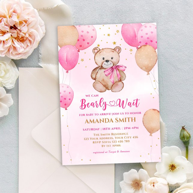 Invitación Teddy Bear Globo Rosa Bearly Wait Baby Shower (Subido por el creador)