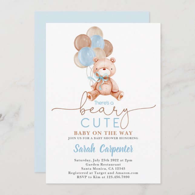 Invitación Teddy Bear Globons Baby Shower Boy (Anverso / Reverso)