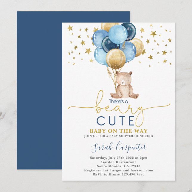 Invitación Teddy Bear Globons Baby Shower Boy (Anverso / Reverso)