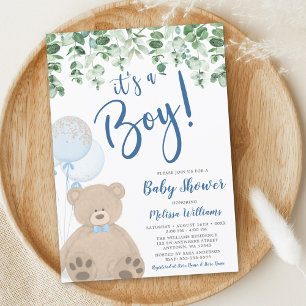 Invitación Teddy Bear Globons Eucalyptus Boy Baby Shower