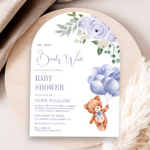 Invitación Teddy Bear Globos Arco Morado Floral Baby Shower