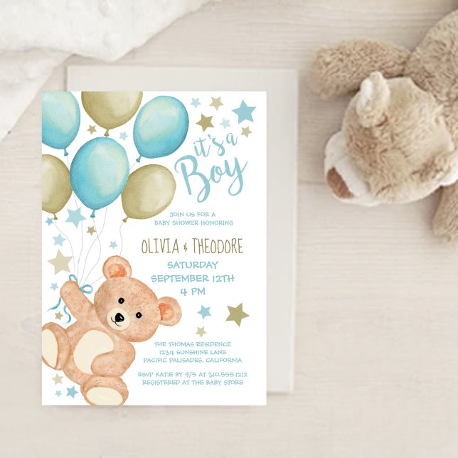 Invitación Teddy Bear Globos Blue Gold Boy Baby Shower (Subido por el creador)