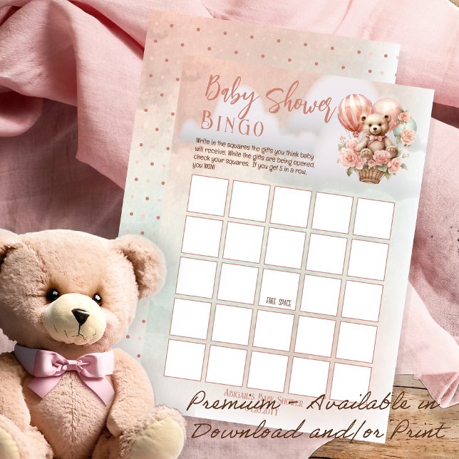 Invitación Teddy Bear Globos Chica Rosa Baby Shower Bingo (Teddy Bear Hot Air Balloon | Pink Flowers Girl Baby Shower Bingo Game Download and/or Print)