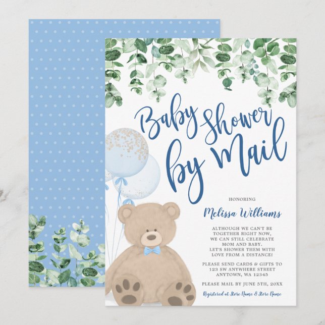 Invitación Teddy Bear Globos Eucalyptus Baby Shower por corre (Anverso / Reverso)