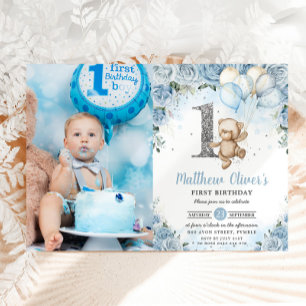 Invitación Teddy Bear Globos Floral Azul 1er cumpleaños Foto