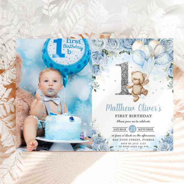 Invitación Teddy Bear Globos Floral Azul 1er cumpleaños Foto (Subido por el creador)