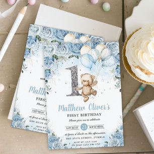 Invitación Teddy Bear Globos Floral Azul Primer cumpleaños