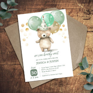 Invitación Teddy Bear Globos Green Gold Baby Shower