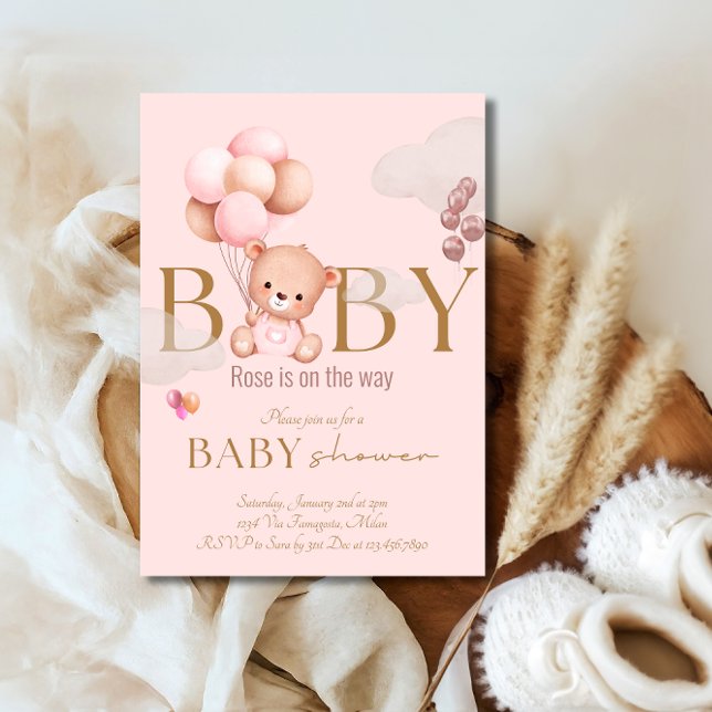 Invitación Teddy Bear Globos Rosa Bebé Niña Baby Shower (Subido por el creador)