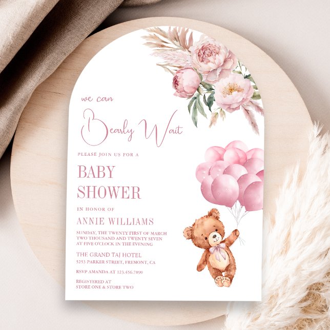 Invitación Teddy Bear Globos rosados Arco floral Baby Shower (Subido por el creador)