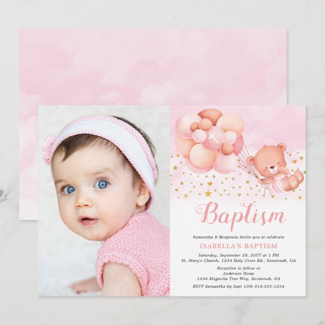 Invitación Teddy Bear Globos rosados Estrellas de oro Foto Ba (Anverso / Reverso)