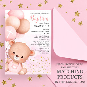 Invitación Teddy Bear Globos rosados Gold Stars Bautismo