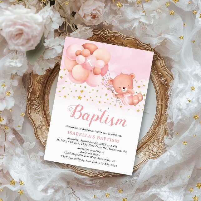Invitación Teddy Bear Globos rosados Gold Stars Bautismo (This cute baptism invitation for girls features a teddy bear being carried away by balloons.)