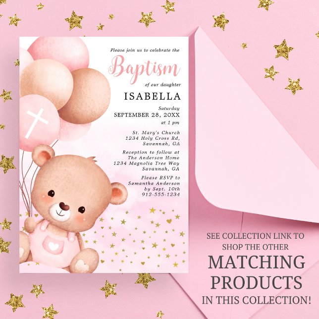 Invitación Teddy Bear Globos rosados Gold Stars Bautismo (Subido por el creador)