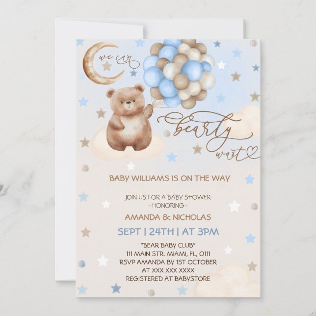 Invitación Teddy Bear Globos Whimsical Blue Boy Baby Shower (Anverso)