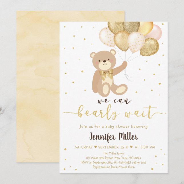 Invitación Teddy Bear Gold Balloon Gender Neutral Baby Shower (Anverso / Reverso)
