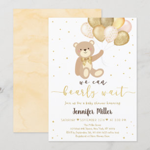 Invitación Teddy Bear Gold Balloon Gender Neutral Baby Shower