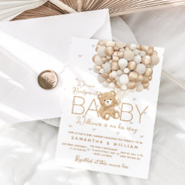 Invitación Teddy Bear Gold Balloon Gender Neutral Baby Shower
