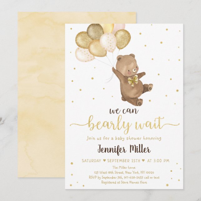 Invitación Teddy Bear Gold Globos Baby Shower Neutral (Anverso / Reverso)