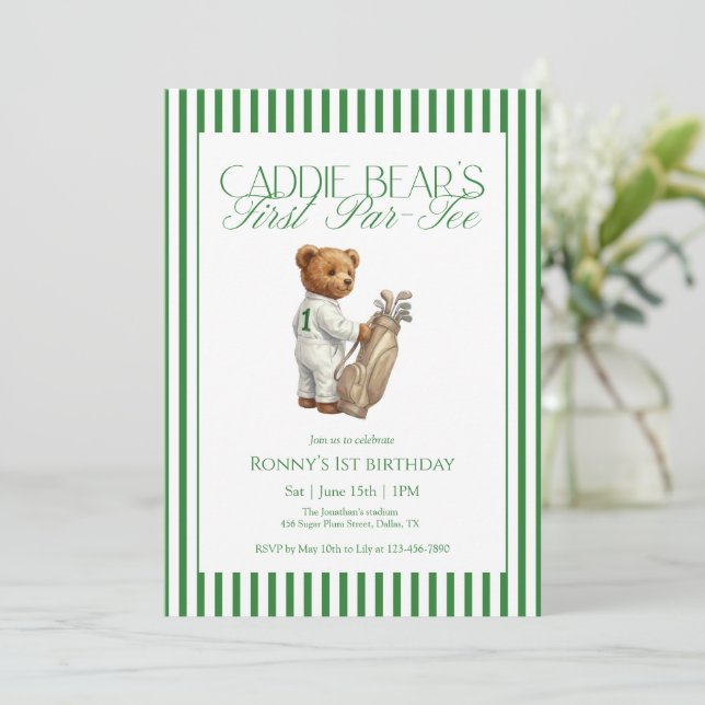 Invitación Teddy Bear Golf 1st Birthday Party Caddie Bear (Anverso de pie)