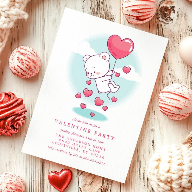 Invitación Teddy Bear Heart Balloons Valentine Fiesta (Subido por el creador)