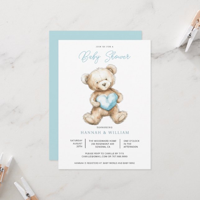 Invitación Teddy Bear Heart Boy Blue Baby Shower  (Anverso/Reverso In Situ)