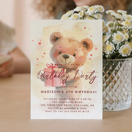 Invitación Teddy Bear Holding Gift Niños Fiesta de cumpleaños