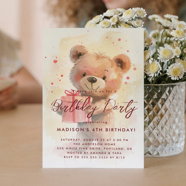 Invitación Teddy Bear Holding Gift Niños Fiesta de cumpleaños (Subido por el creador)