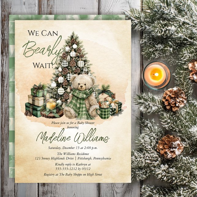 Invitación Teddy Bear Holiday We Can Bearly Wait Baby Shower (Teddy Bear "Bearly Wait" Green Neutral Christmas Holiday Baby Shower Invitation -- Print | Digital)