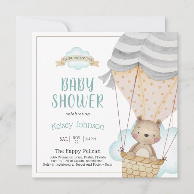 Invitación Teddy Bear Hot Air Balloon Baby Shower (Anverso)