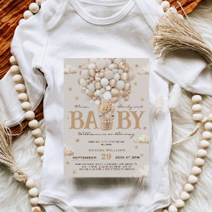 Invitación Teddy Bear Hot Air Balloon Baby Shower Gold Tan
