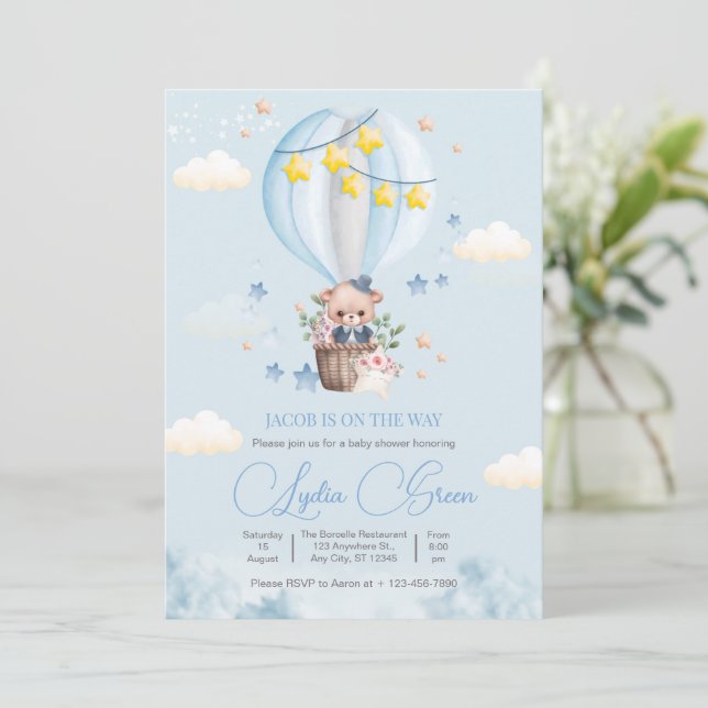 Invitación Teddy Bear Hot Air Balloon Bear Baby Shower Boy (Anverso de pie)