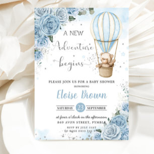 Invitación Teddy Bear Hot Air Balloon Blue Floral Baby Shower