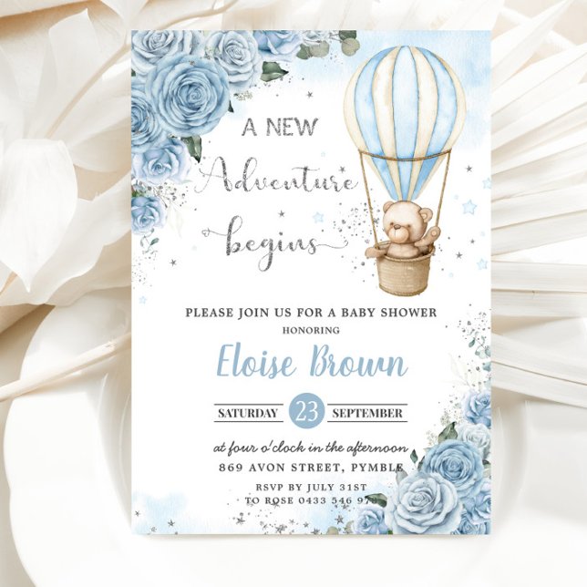 Invitación Teddy Bear Hot Air Balloon Blue Floral Baby Shower (Subido por el creador)