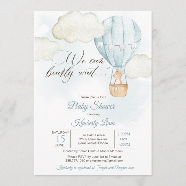 Invitación Teddy Bear Hot Air Balloon Boy Baby Shower (Anverso)