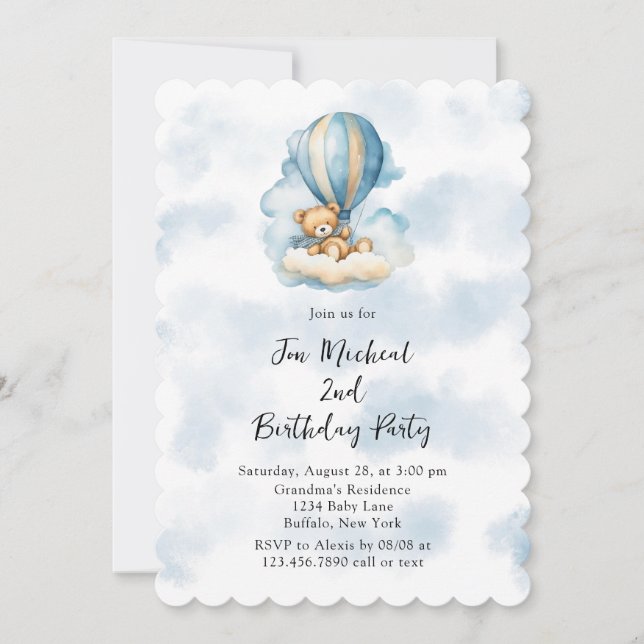Invitación Teddy Bear Hot Air Balloon Boy Cualquier Cumpleaño (Anverso)