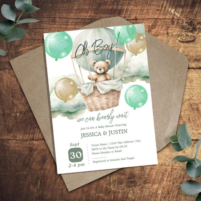 Invitación Teddy Bear Hot Air Balloon Green Baby Shower (Subido por el creador)
