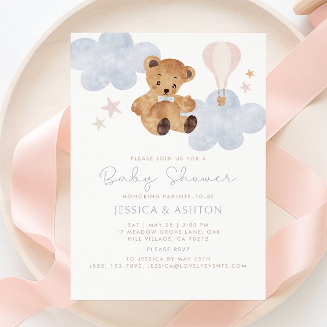 Invitación Teddy Bear & Hot Air Balloon Watercolor Bebé Showe (Subido por el creador)