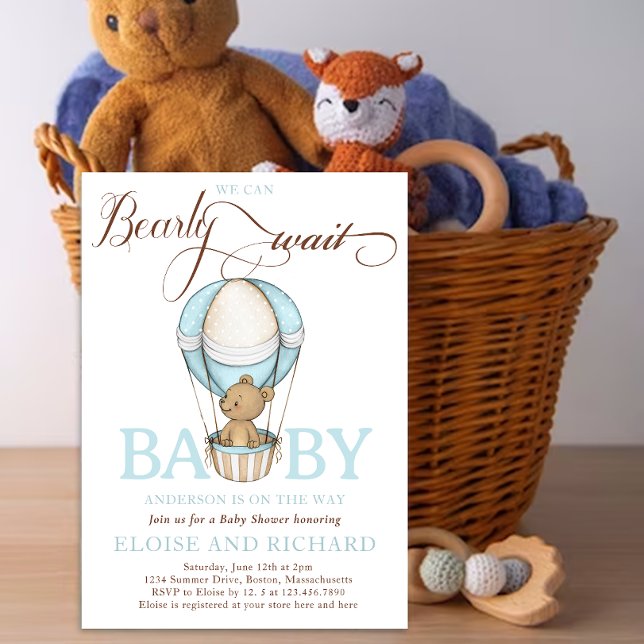 Invitación Teddy Bear Hot Balloon Boy Bearly Wait Baby Shower (Baby Shower teddy bear)