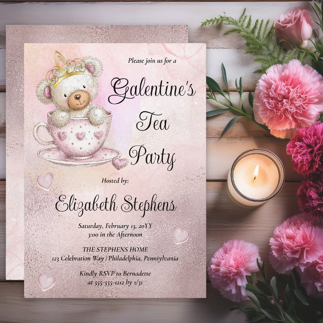 Invitación Teddy Bear in a Teacup Galantine's Tea Party (Galentine’s Tea Party Invitation | Cute Teddy Bear Teacup Valentine Party Invite - Print | Digital)