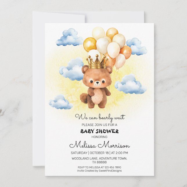 Invitación Teddy Bear King Baby Boy Shower (Anverso)