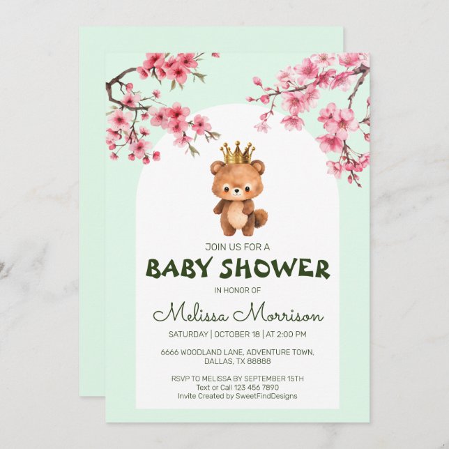 Invitación Teddy Bear King Sakura Baby Boy Shower (Anverso / Reverso)