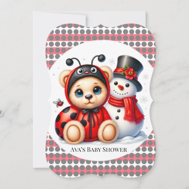 Invitación Teddy Bear Ladybug con Snowman Baby Shower (Anverso)