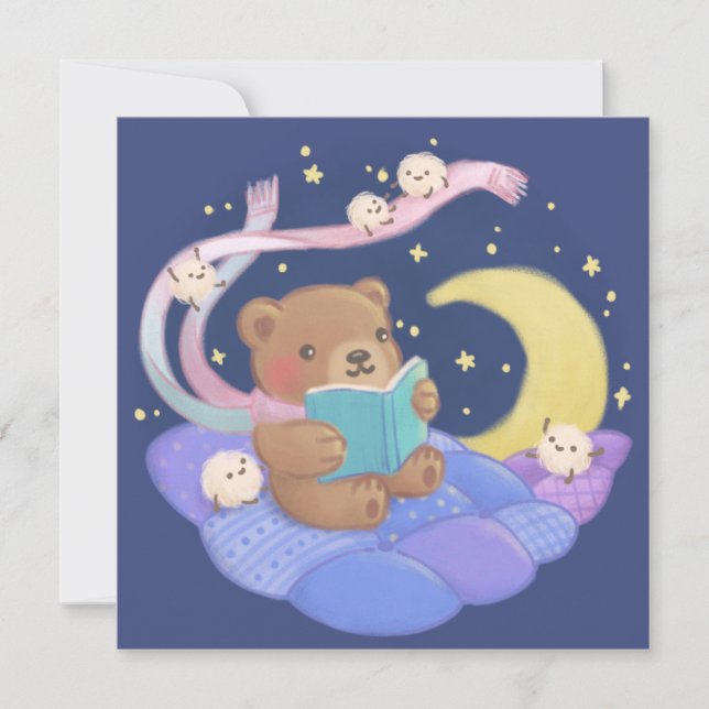 Invitación Teddy Bear Leyendo con Ilustracion Fluffy Monsters (Anverso)